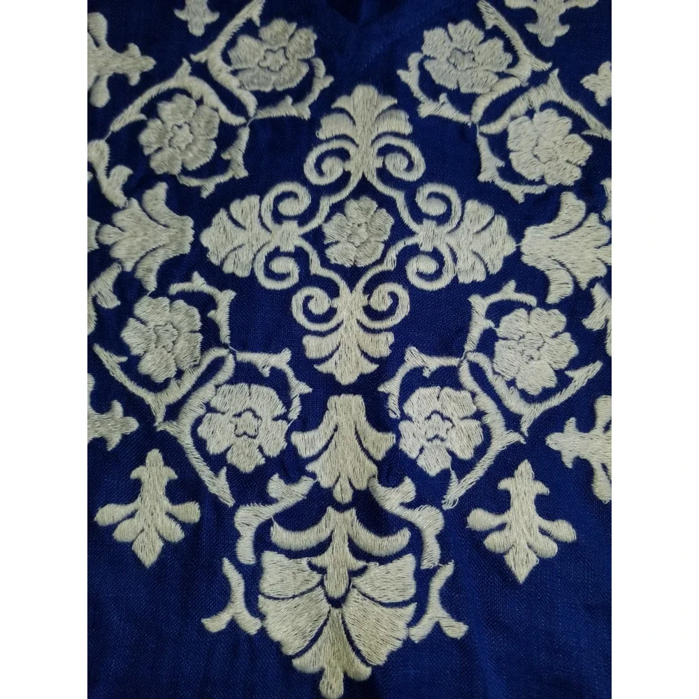 Womens Top-CHARTER CLUB-royal blue linen embroidered tunic Resort Country Club-L